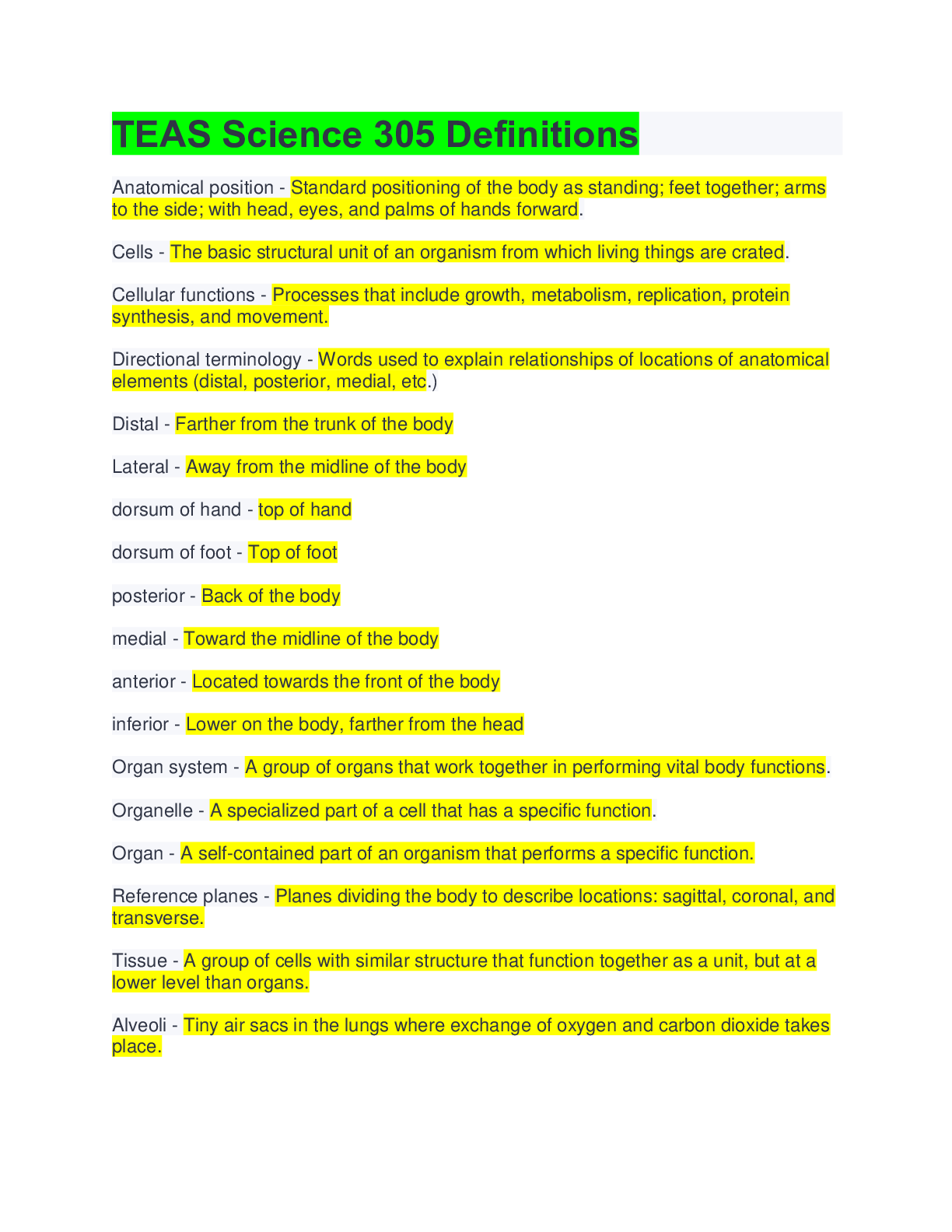 TEAS Science 305 Definitions